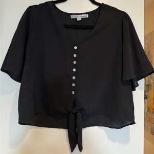 Black Crop Tie Front Blouse